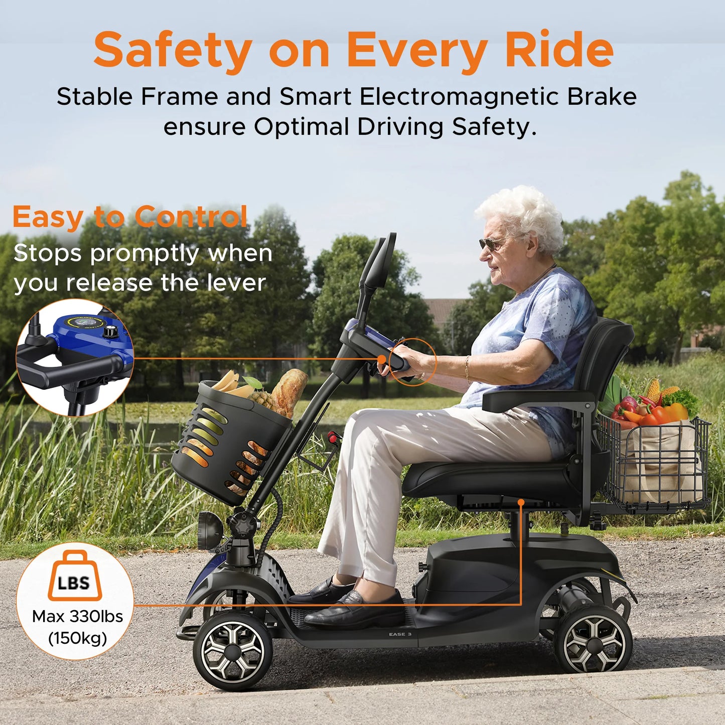 4-Wheel Mobility Scooter, 250W Motor, 5.6MPH, 24V 12Ah Battery, Dual Baskets, Foldable, Easy Control, Outdoor & Daily Use