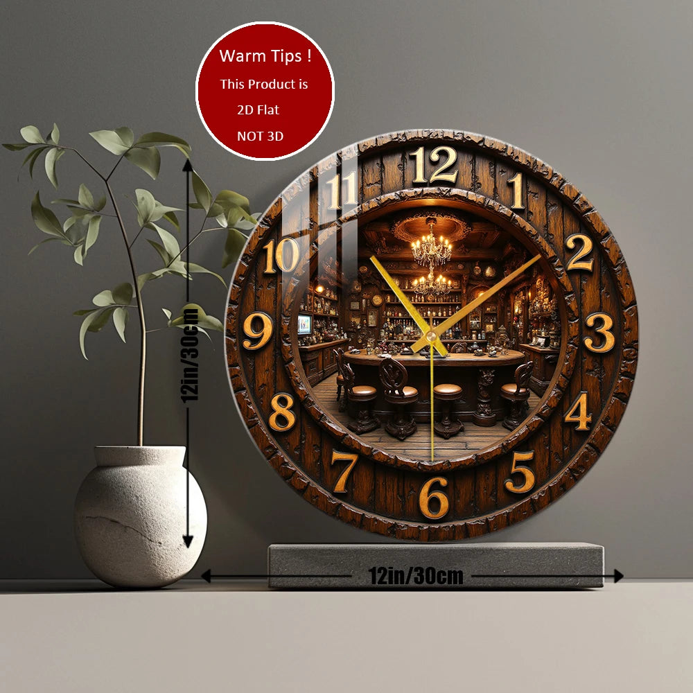 Tempered Glass Wall Clock Wooden Clock with Pub Interior Suitable For Wall Decor or Tabletop Display Anywhere