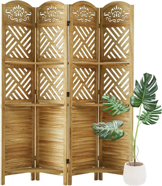 Room Divider with Shelves Folding Wood Carved Screen with Double Hinges