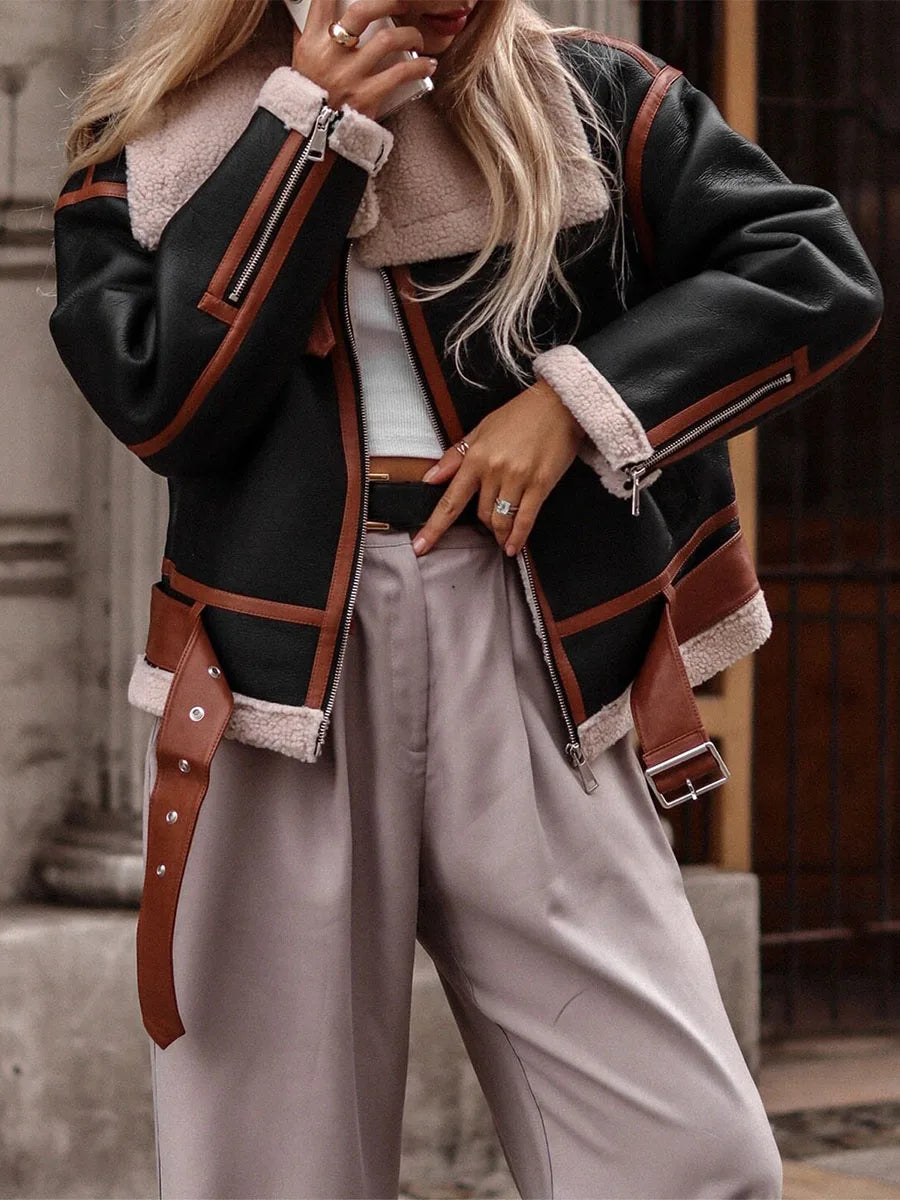 Women Motorcycle Jacket Casual Patchwork Long Sleeve Zipper Cardigan