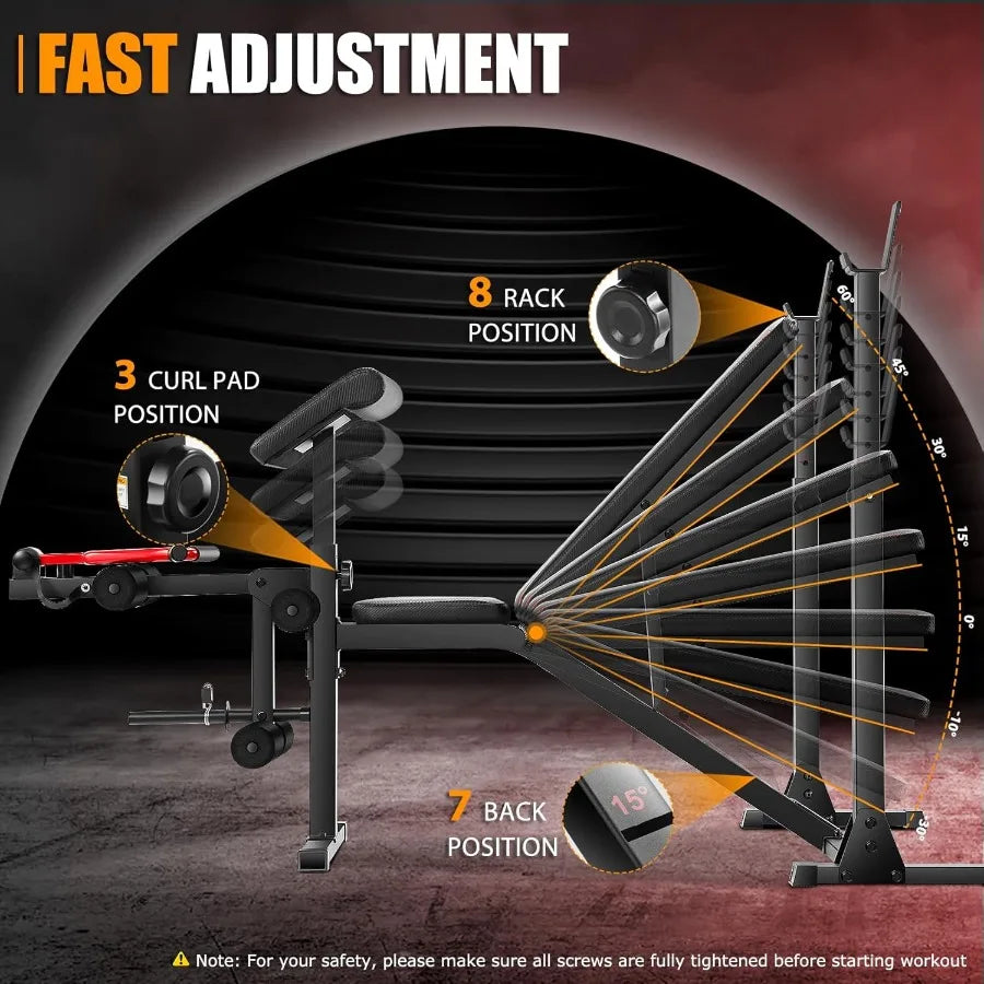 Weight Bench Set   and Curl, 900LBS Profesional Bench Press Set and Barbell Rack with Safety Spotter Catches, P