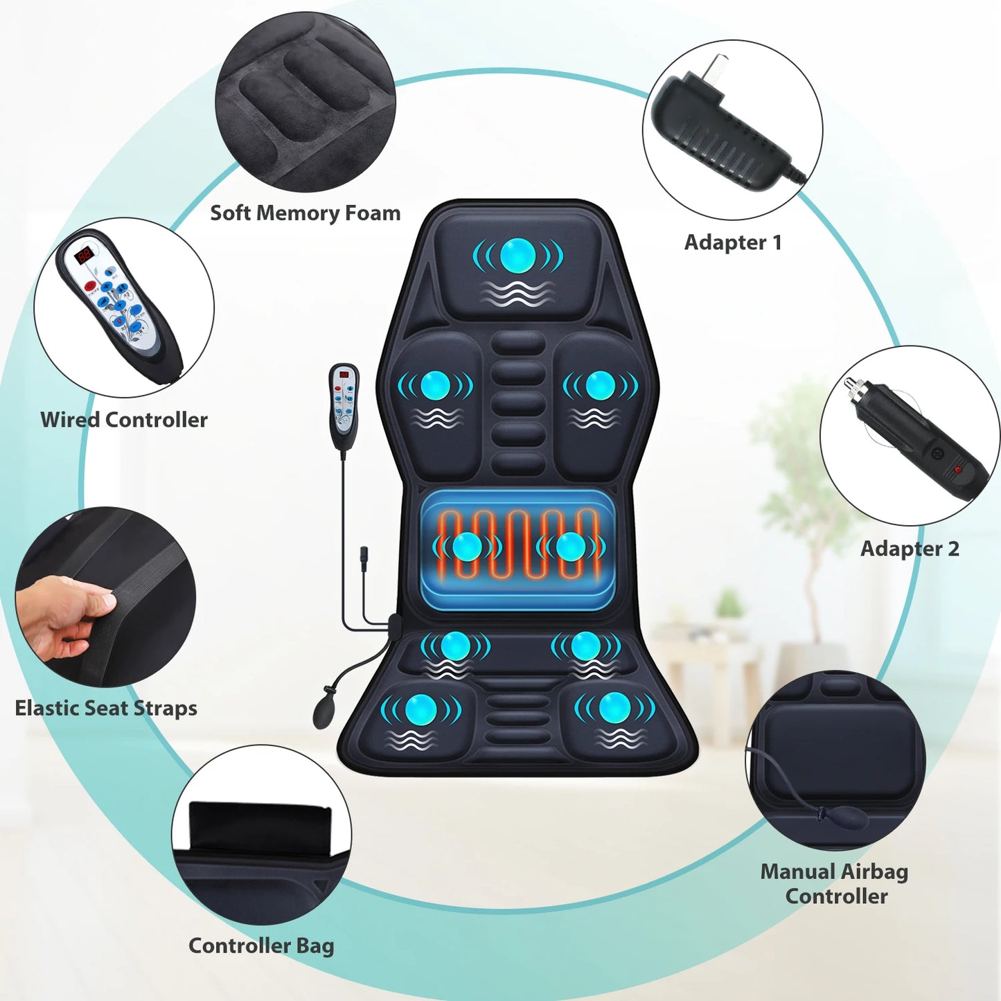 Massage Seat Cushion With Heating, With Adjustable Lumbar Support